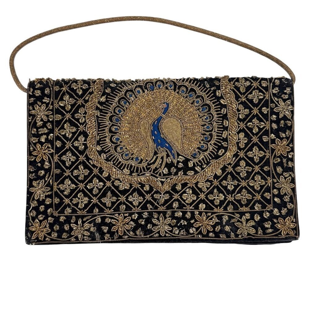Vintage Black Velvet Peacock Gold Embroidered Beaded Floral Evening Bag Clutch - Picture 6 of 16